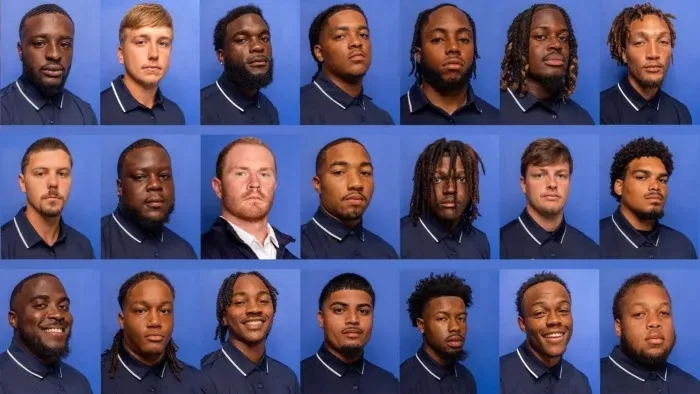 Headshots of 21 athletes. Athletes are all facing the same way, looking to their right.