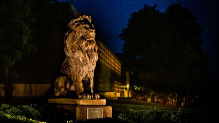 Lion statue is in a sitting pose. Photo is taken at night with statue lit up.