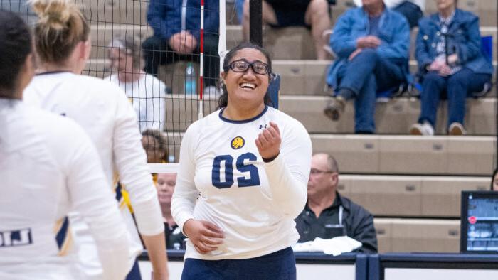 A volleyball player celebrates during a match.